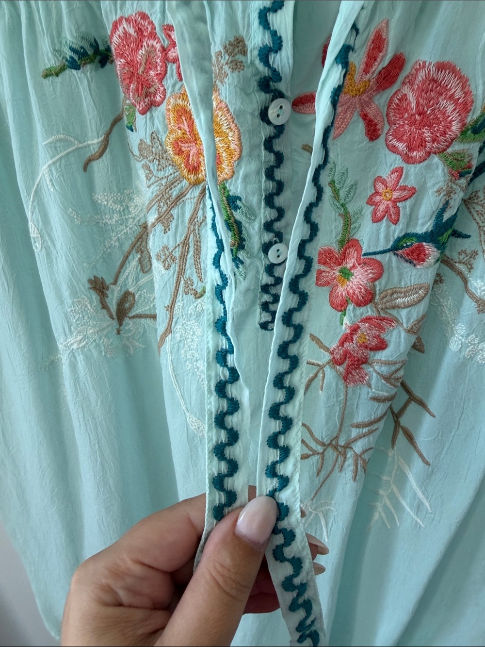 Johnny Was Mint Blue Embroidered Floral Tunic - Picture 4 of 6